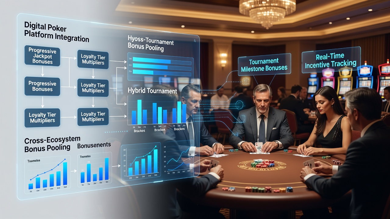 Live poker toernooi in casino met digitale overlay van bonus incentives en spelerstatistieken